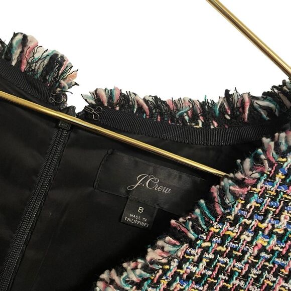 J. Crew Fringe V Neck Sleeveless Tweed Gold Button Black Pink Shift Dress Size 8 - Picture 3 of 9